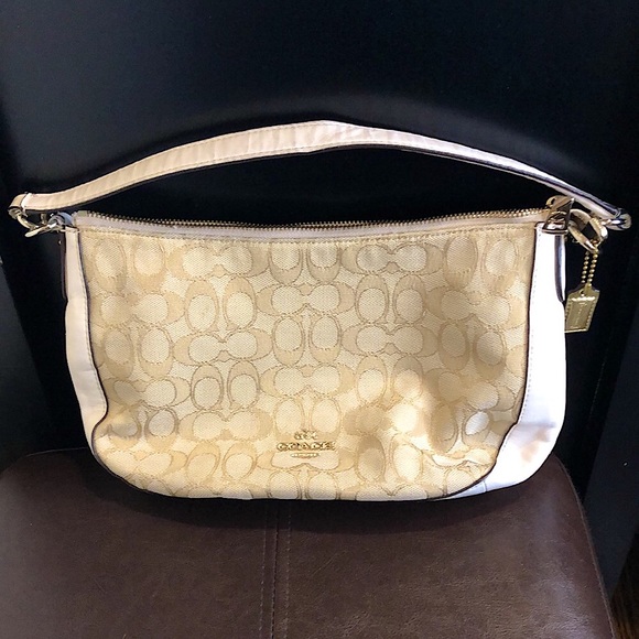 COACH Ivory Neutral C Logo Fabric Top Handle Top Zipper Leather Trim Bag - Picture 15 of 15
